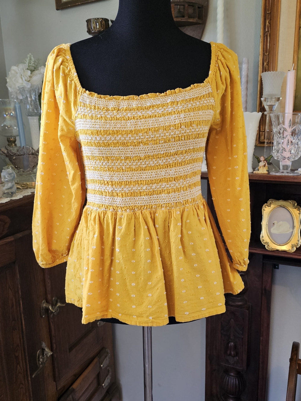 Crown & Ivy Mustard Smocked Swiss Dot Peplum Top Cottagecore M